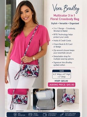 Vera Bradley Multicolor Floral Crossbody Bag with Pink Accents